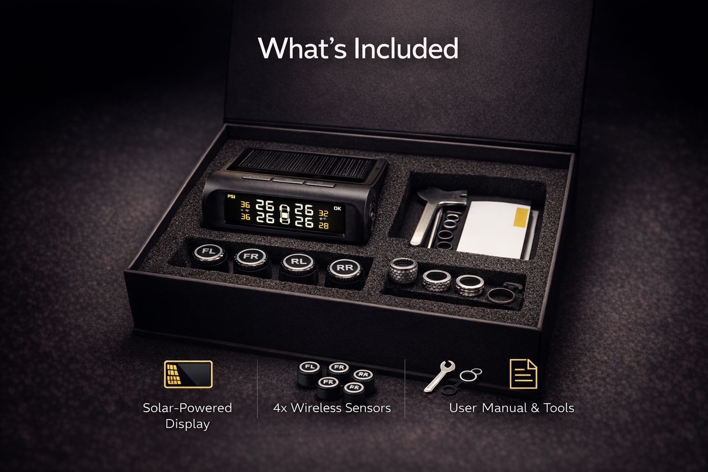 Solar TPMS Tire Pressure Monitoring System — 4 Sensor Kit