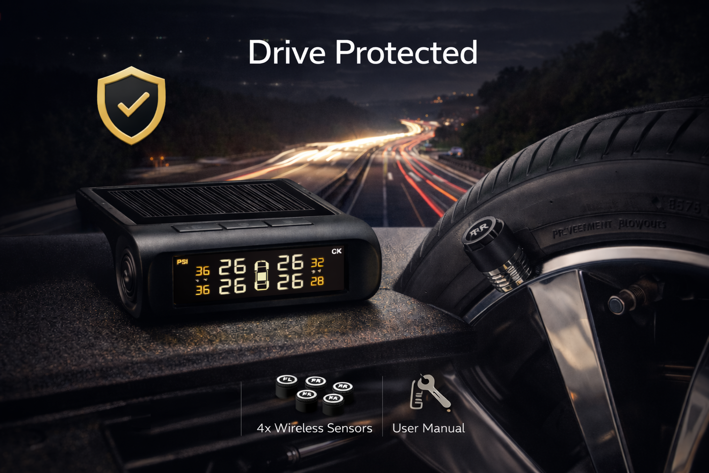 Solar TPMS Tire Pressure Monitoring System — 4 Sensor Kit