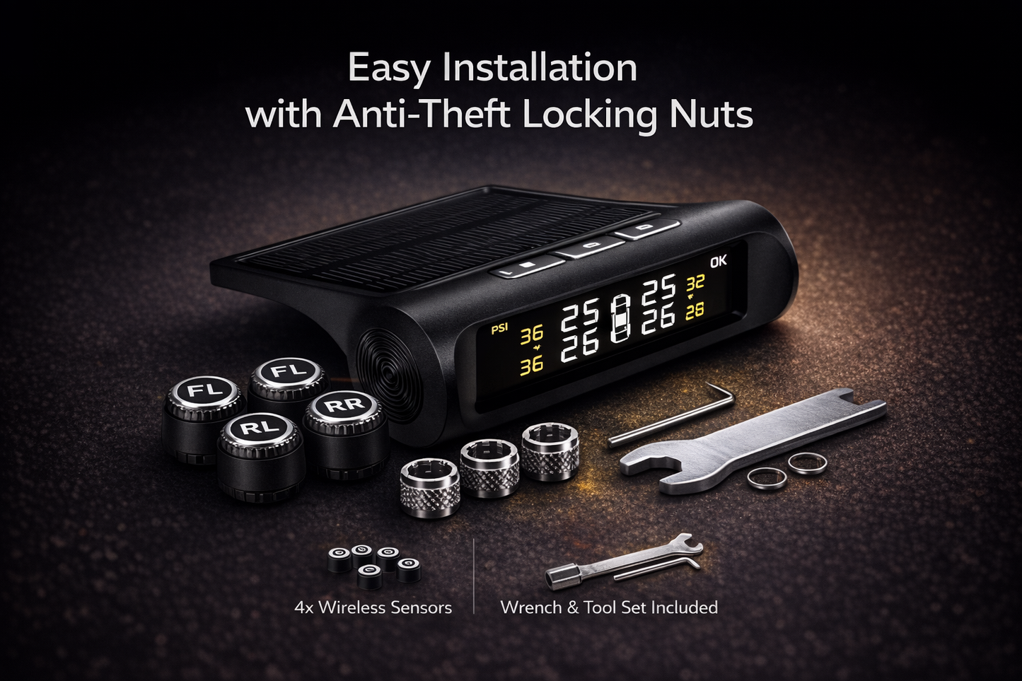 Solar TPMS Tire Pressure Monitoring System — 4 Sensor Kit
